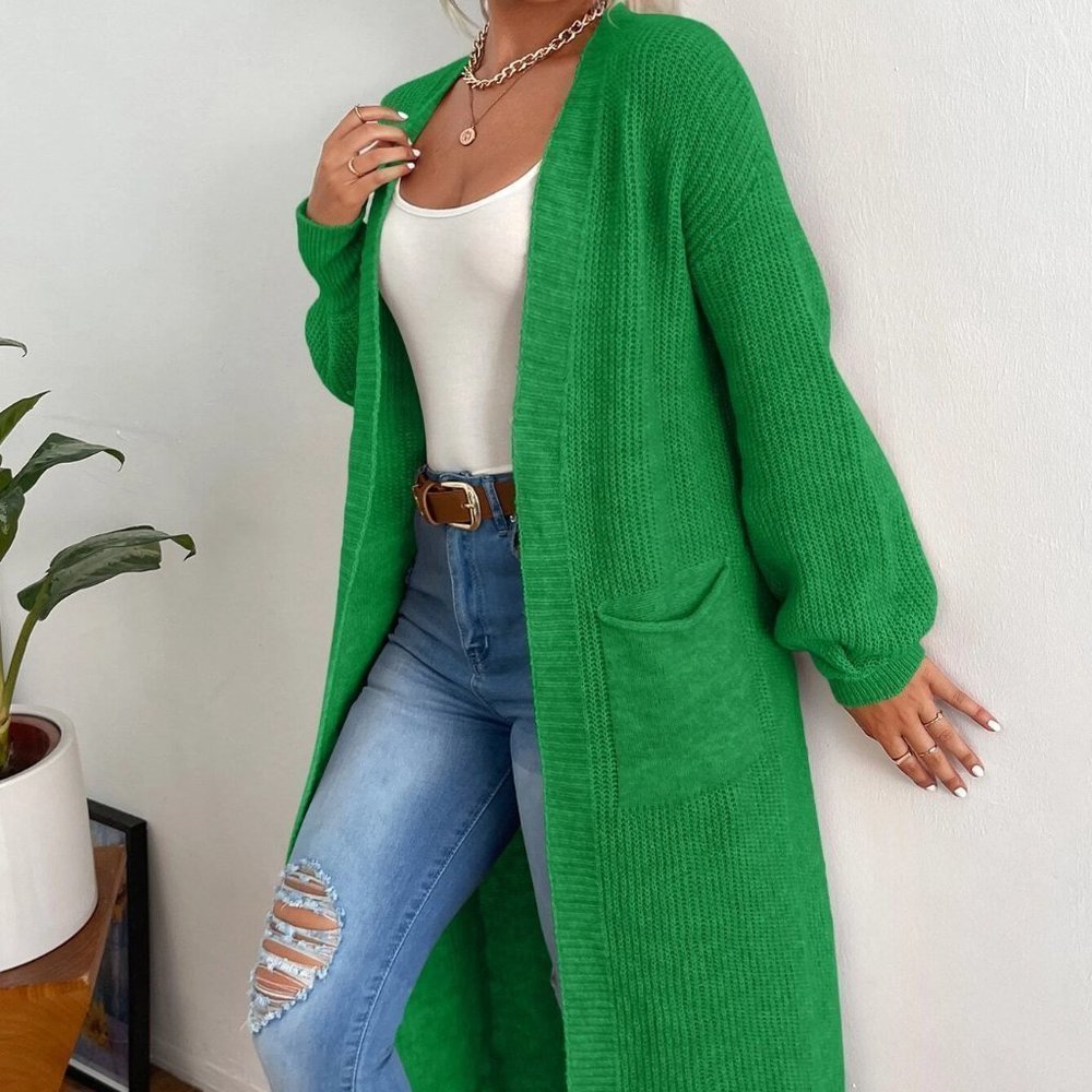 Green Preppy Womens Double Pocket Drop Shoulder Duster Cardigan - Picture 3 of 5